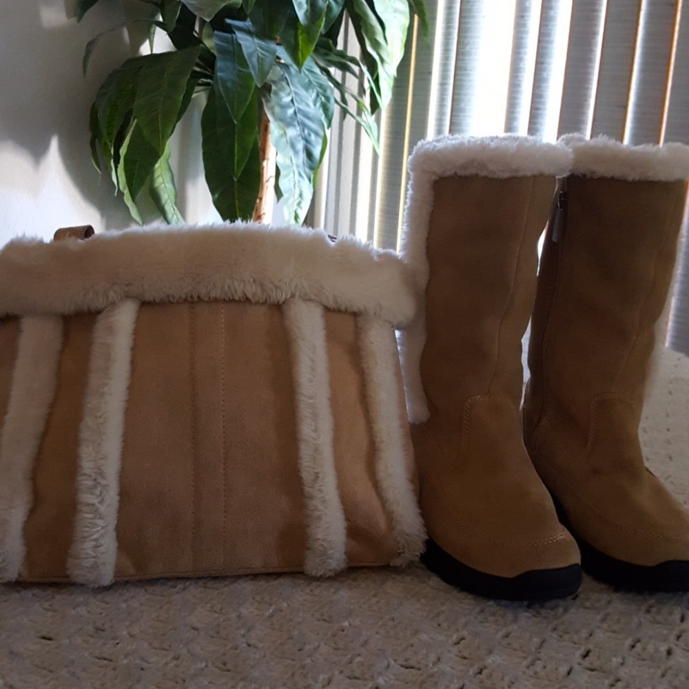 Rosalie suede fur lined boots and matching purse.